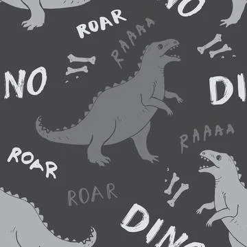 Dino Seamless Pattern, Cute Cartoon Dinosaurs Doodles Vector Illustration Stock Illustration
