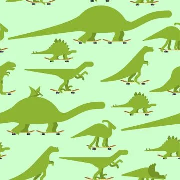 Dino on skateboard set pattern seamless. Dinosaur Skateboarder background. Pr Stock Illustration