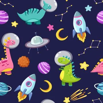 Dino in space seamless pattern. Cute dragon characters, dinosaur traveling 스톡 일러스트