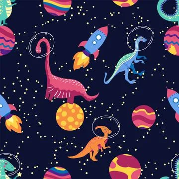 Dino in space seamless pattern. Cute dragon characters, dinosaur traveling ga イラスト素材