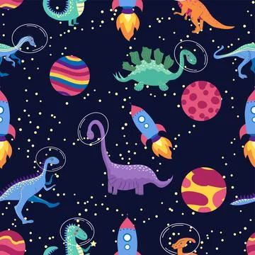 Dino in space seamless pattern. Cute dragon characters, dinosaur traveling ga 库存插图