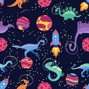 Dino in space seamless pattern. Cute dragon characters, dinosaur traveling ga イラスト素材
