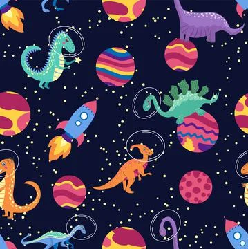 Dino in space seamless pattern. Cute dragon characters, dinosaur traveling ga イラスト素材