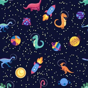 Dino in space seamless pattern. Cute dragon characters, dinosaur traveling ga 스톡 일러스트