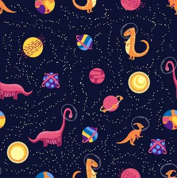 Dino in space seamless pattern. Cute dragon characters, dinosaur traveling ga 스톡 일러스트