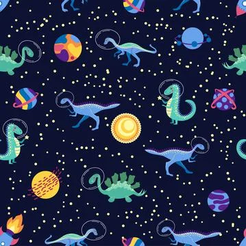 Dino in space seamless pattern. Cute dragon characters, dinosaur traveling ga 스톡 일러스트