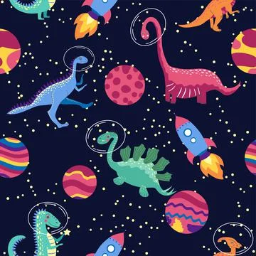 Dino in space seamless pattern. Cute dragon characters, dinosaur traveling ga Stockillustratie