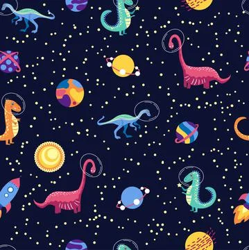Dino in space seamless pattern. Cute dragon characters, dinosaur traveling ga Stock Illustration
