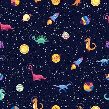 Dino in space seamless pattern. Cute dragon characters, dinosaur traveling ga 스톡 일러스트