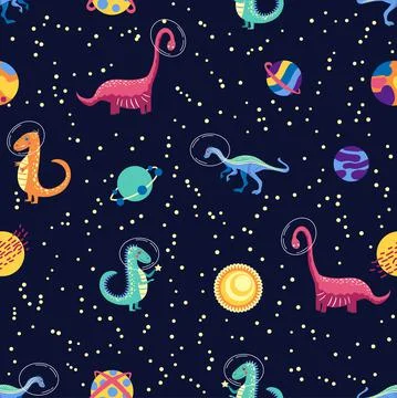 Dino in space seamless pattern. Cute dragon characters, dinosaur traveling ga Stock Illustration