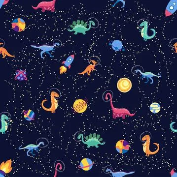 Dino in space seamless pattern. Cute dragon characters, dinosaur traveling ga Stock Illustration