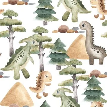 Dino trees seamless pattern. Watercolor green plants with dinosaurs. Perfect for Stock Illustration