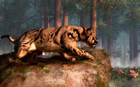 Dinofelis, a prehistoric cat, gets ready to attack a group of pheasants. Stock Illustration