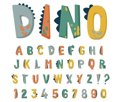 Dinosaur alphabet vector set with cute hand drawn letters and numbers in bright Stock Illustration