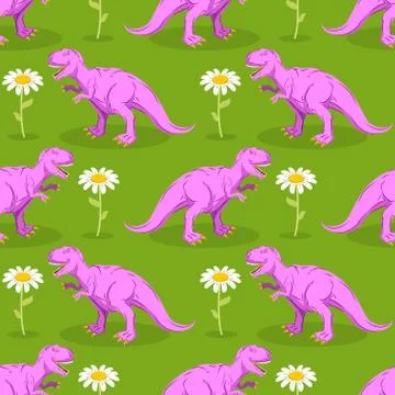 Dinosaur and flower seamless pattern. Pink Tyrannosaurus and camomile texture Illustrazione stock