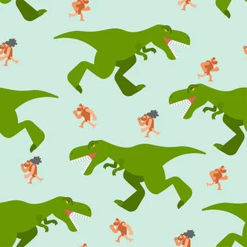 Dinosaur and prehistoric man pattern seamless. T-rex and ancient man backgrou イラスト素材