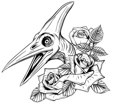 Dinosaur and roses frame. vector design. Concept art drawing. Stock Illustration