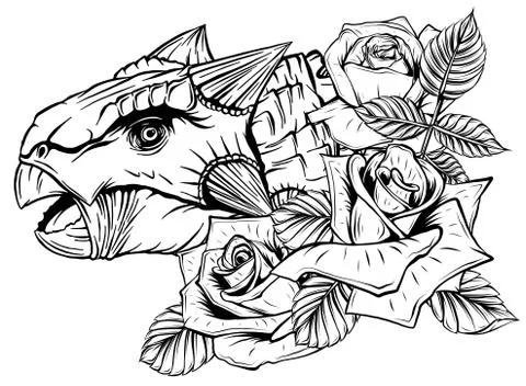 Dinosaur and roses frame. vector design. Concept art drawing. Stock-Illustration