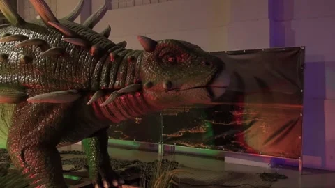Dinosaur Ankylosaurus head eye beak spikes animatronic moving animal prehistoric Stock Footage 335873750