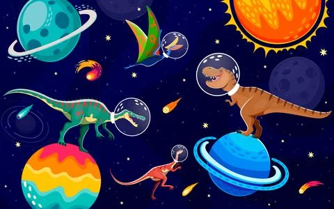 Dinosaur astronauts with helmets in outer space Stock Illustration