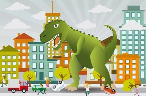 Dinosaur is attacking the city Stock Illustration