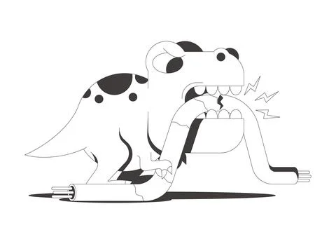 Dinosaur bites internet cable flash message fail line illustration Stock Illustration