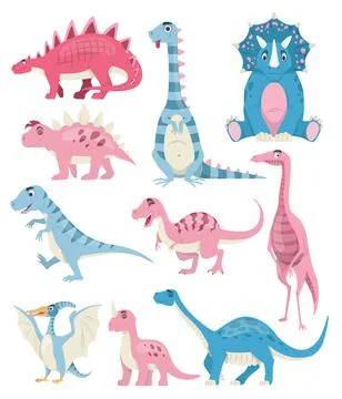 Dinosaur cartoon character set, vector isolated illustration. Cute pink and blue Stock Illustration