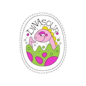 Dinosaur childish patch badge, cute cartoon animal sticker hand drawn vector Stock Illustration
