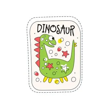 Dinosaur childish patch badge, cute cartoon green animal sticker hand drawn Stock Illustration