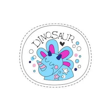 Dinosaur childish patch badge, cute funny cartoon animal sticker hand drawn Stock Illustration