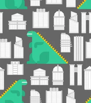 Dinosaur in city pattern seamless. Dino in town background . Dragon and build Stock Illustration