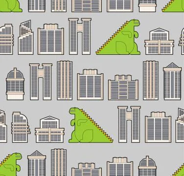 Dinosaur in city pattern seamless. Dino in town background . Dragon and build Stock Illustration