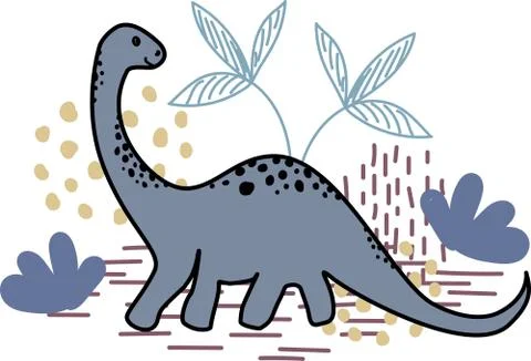 Dinosaur in doodle flat style with stylized plants and soil Stock-Illustration