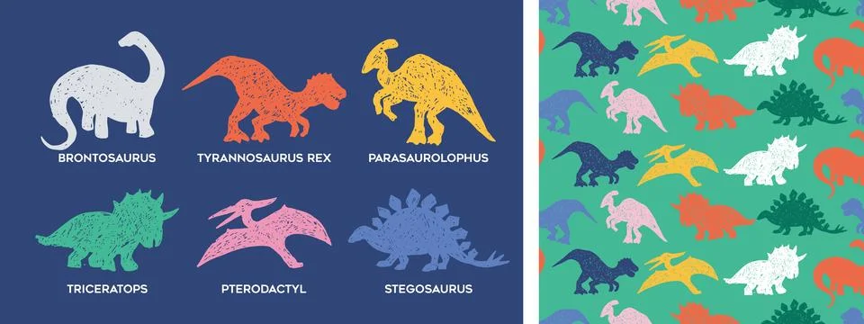 Dinosaur doodle seamless pattern set in hand drawn style design Stock Illustration