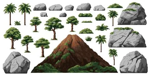 Dinosaur era environment pixel game assets, palms Illustrazione stock