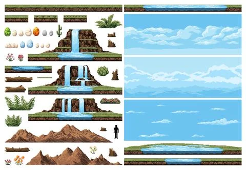 Dinosaur era environment pixel game assets set Stock Illustration