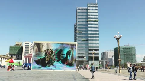 A dinosaur exhibition in the main square of Ulaanbaatar, capital of Mongolia. Stock Footage 301235673