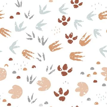 Dinosaur footprints seamless pattern. Background with dino feet steps traces Stock Illustration