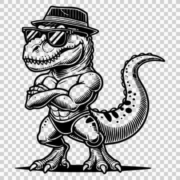 Dinosaur In Hat And Sunglasses standing muscles engraving Stock Illustration