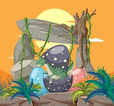 Dinosaur Hatching in Prehistoric Landscape Stock Illustration