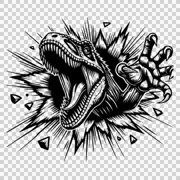 Dinosaur Head Emerging From Explosion roaring fragments Stock Illustration