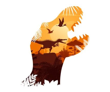 Dinosaur head roaring silhouette, double exposure Stock Illustration