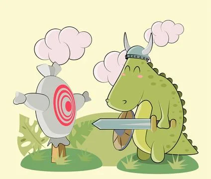 Dinosaur knight with target sword in vector Illustrazione stock