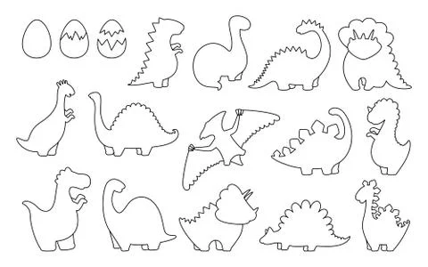 Dinosaur linear cartoon set flat animal vector Stock Illustration