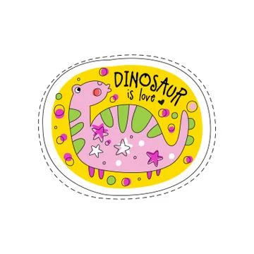 Dinosaur is love patch badge, cute cartoon animal sticker hand drawn vector Stock Illustration
