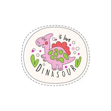 Dinosaur is love patch badge, cute cartoon pink animal sticker hand drawn vector Stock Illustration
