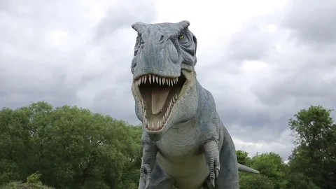Dinosaur model moves her head and tail on the lawn.Tyrannosaurus Rex Stock Footage 76240080