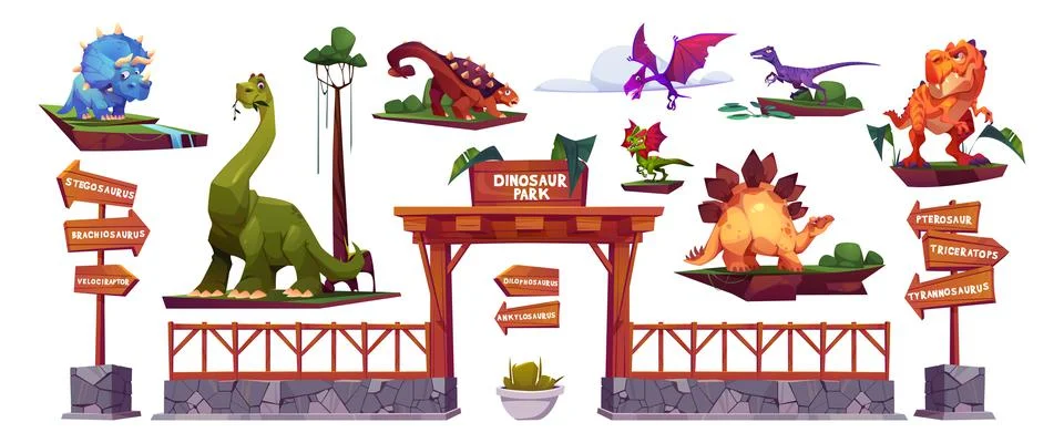 Dinosaur park cartoon characters, arrows and gates Stock Illustration