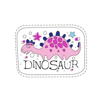 Dinosaur patch badge, cute cartoon pink animal sticker hand drawn vector Stock Illustration