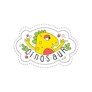 Dinosaur patch badge, cute cartoon yellow animal sticker hand drawn vector Stock Illustration